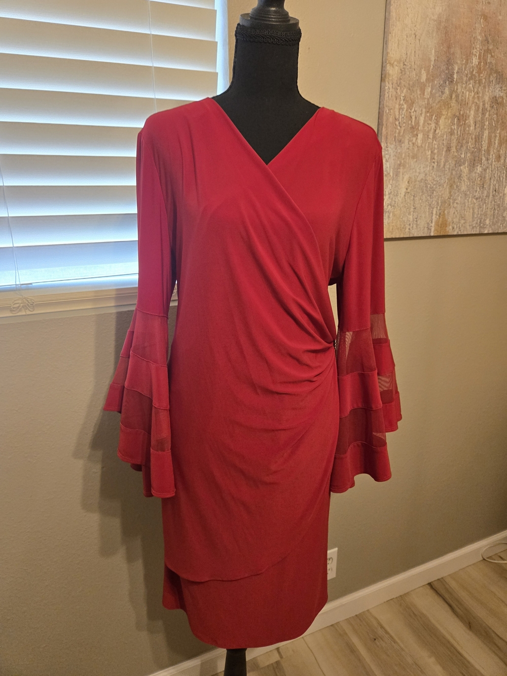R&M Richards Red Faux-Wrap Midi Dress with Tiered Bell Sleeves